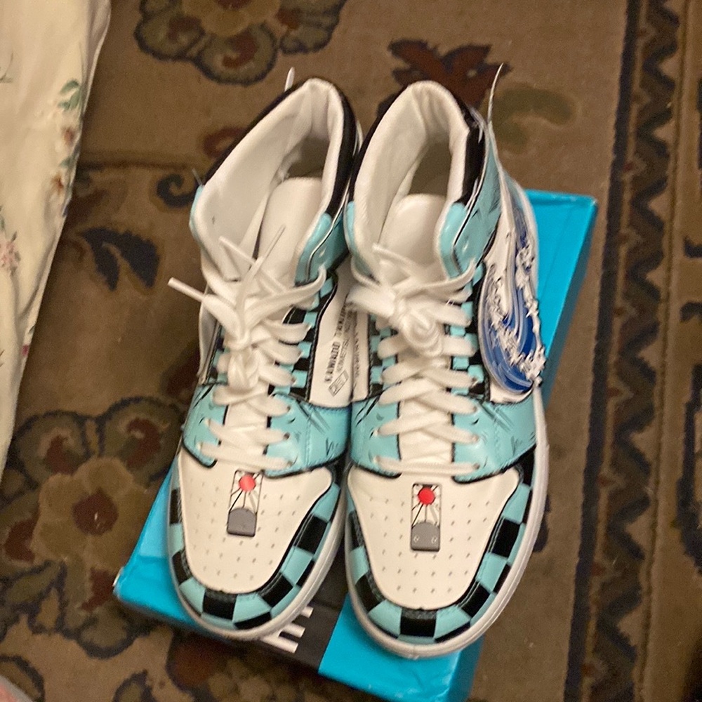 Shoes, 1 pair wedge heel sandal, 1 pair blue and white high top sneakers.